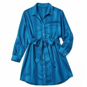 Umgee Plus Size XL Teal Blue Satin Shirt Dress Tie Waist Roll Tab Sleeves